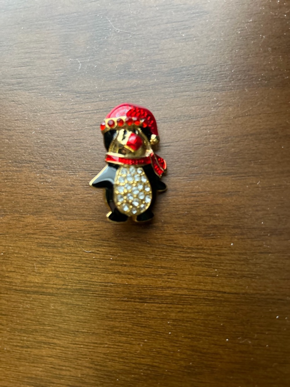 Festive Penguin Rhinestone Brooch - Red & Black